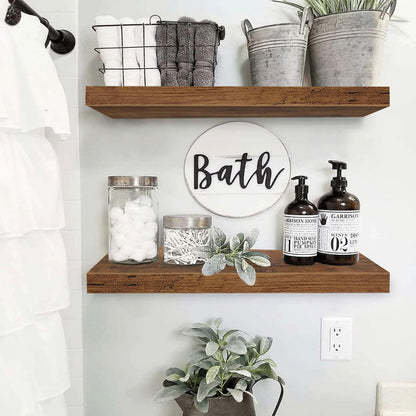 QEEIG Bathroom Floating Shelves for Wall - 15.7" Wall Mounted Shelf Over Toilet Farmhouse Home Decor Display Bookshelf Small 15.7 x 6.7 inch Set of 2, Rustic Brown (008-40BN)