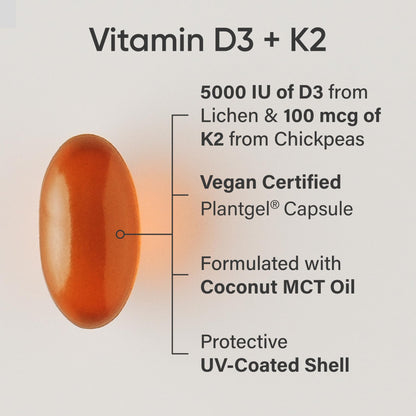 Sports Research® Vegan Vitamin D3 + K2 w/Coconut Oil, 60 Count Plantgels™ | Plant-Based Vitamin D 5000iu/125mcg & Soy-Free Vitamin K 100mcg for Bone & Immune Support - Vegan Certified · Non-GMO