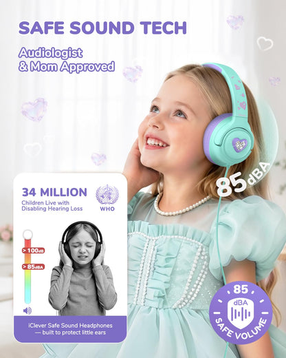 iClever C371 Kids Headphones with Cord for School Boys Girls Travel Gift | SafeSound Tech3.0, Stereo Sound, 3.5mm Jack, Foldable, Durable Headband, Safe Wired Headphones for Kids, Powder Blue