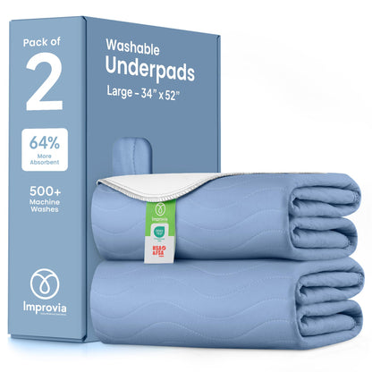 IMPROVIA® Washable Underpads, 34" x 36" (Pack of 4) - Heavy Absorbency Reusable Bedwetting Incontinence Pads for Kids, Adults, Elderly, and Pets - Waterproof Protective Pad for Bed, Couch, Sofa, Floor