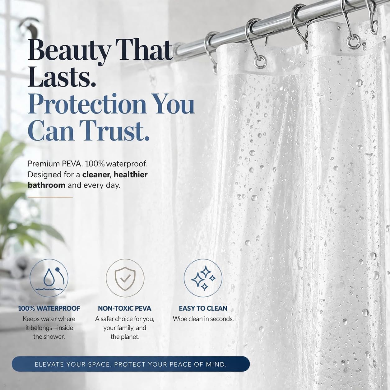EHZNZIE White Shower Curtain Liner 72x72, PEVA Waterproof Bath Curtain, No Chemical Smell, 3 Weighted Magnets, Durable with Rustproof Metal Grommets