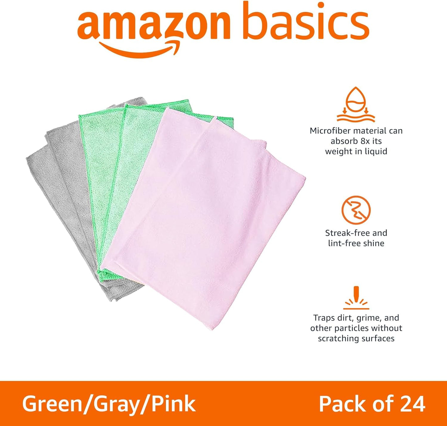 Amazon Basics Microfiber Cleaning Cloths, Ultra Absorbent, Lint Free, Streak Free, Non-Abrasive, Reusable and Washable, 16" x 12", Blue/White/Yellow, Pack of 24