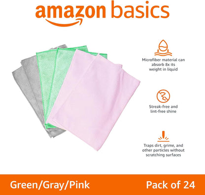 Amazon Basics Microfiber Cleaning Cloths, Ultra Absorbent, Lint Free, Streak Free, Non-Abrasive, Reusable and Washable, 16" x 12", Blue/White/Yellow, Pack of 24