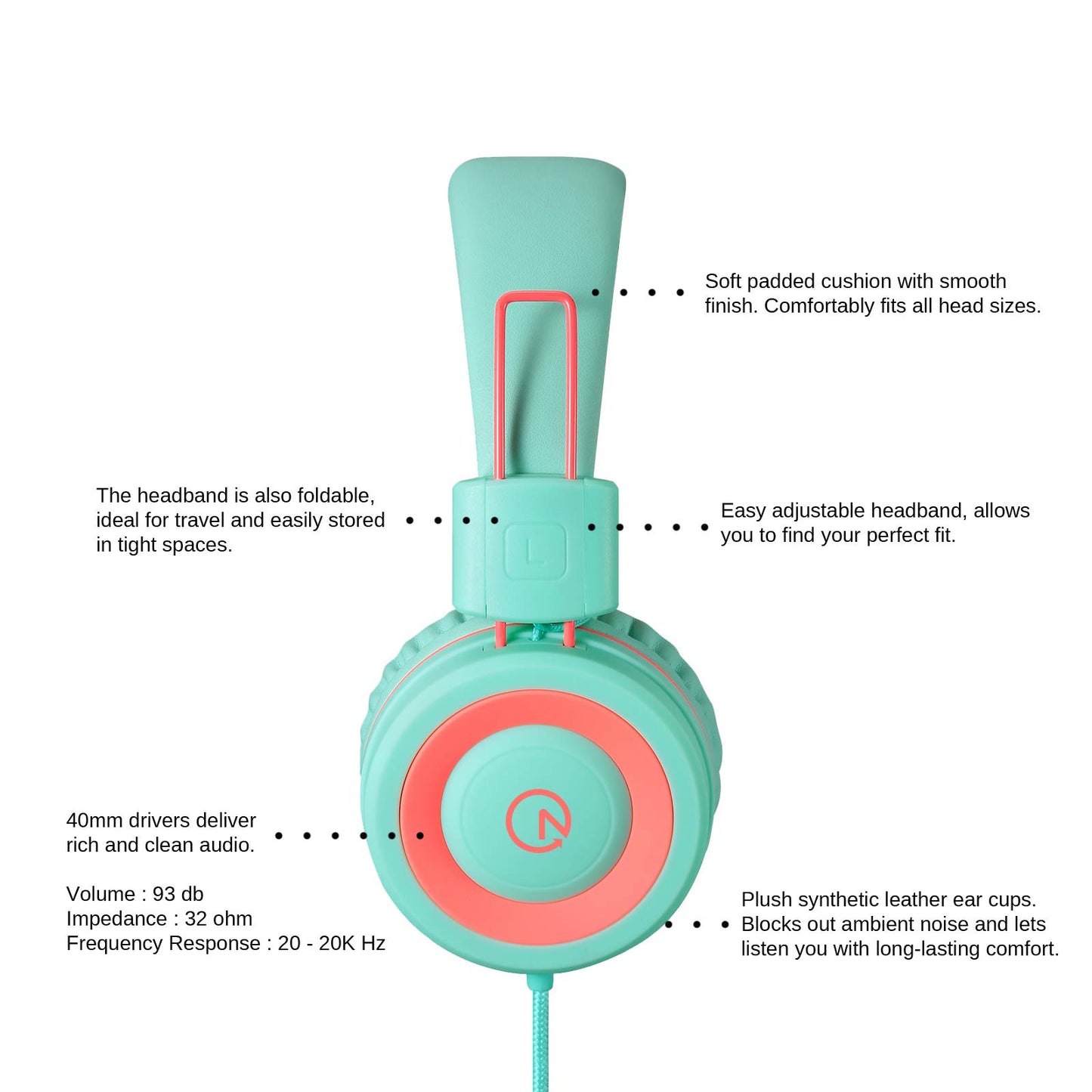 noot products K11 Kids Headphones with Wired Cord 3.5mm Jack Navy/Teal | 5ft Long Cord, Tangle Free, Foldable, Plug in On-Ear Headset for School, Classroom, Boys, Girls, Toddler Laptop Travel Tablet