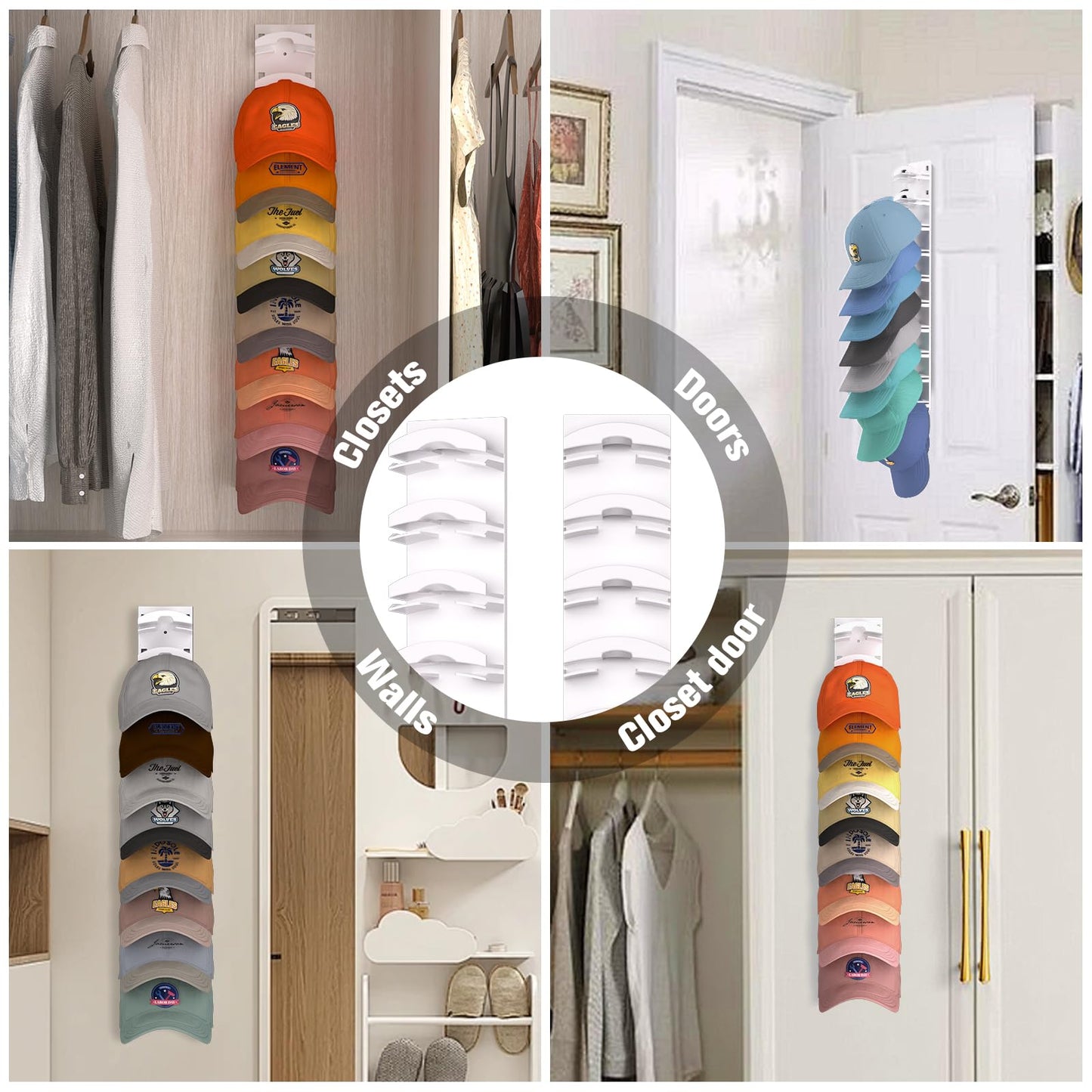 Hat Organizer for Baseball Caps 2Pack, Hat Rack for Wall with Strong Adhesive Hold up to 20 Hats, Hat Hanger Holder Display for Door Closet, Cap Organizer Storage Multilayer Two Mounting Option(Black)