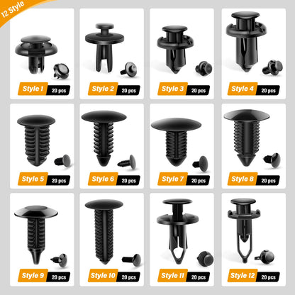 GOOACC 240PCS Bumper Retainer Clips Car Plastic Rivets Fasteners Push Retainer Kit 12 Popular Sizes Auto Push Pin Rivets Set -Door Trim Panel Fender Clips for GM Ford Toyota Honda Chrysler