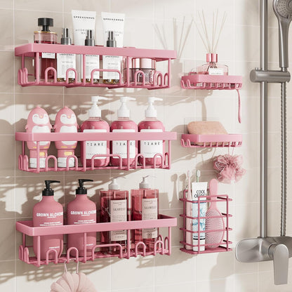 Veken Large Capacity Shower Caddy 6-Pack, No Drilling & Rustproof, Adhesive Shower Shelves with Soap Holder, Bathroom Organizers and Storage, Wall-Mounted Kitchen & Home Decor, Pink