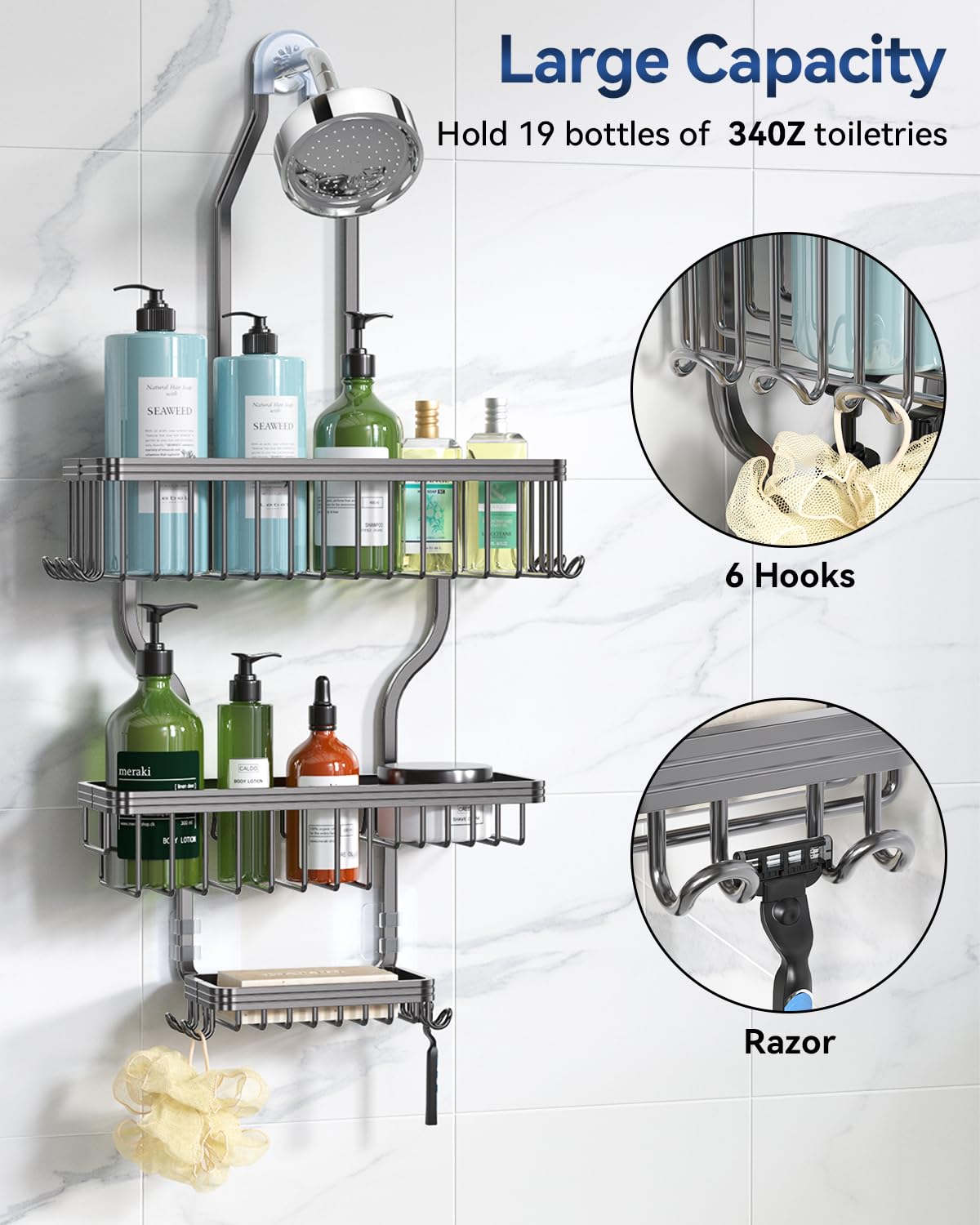 Never Rust Shower Caddy Hanging, Aluminum Shower Racks for Inside Shower, 3-Tier Shower Organizer Hanging Over Shower Head with Hooks and Soap Holder, Rose Gold