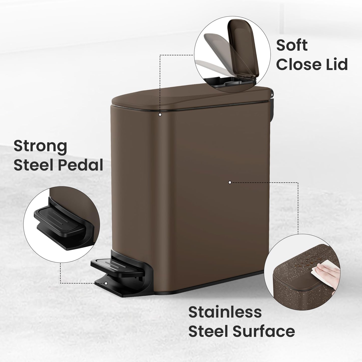 Cesun Small Bathroom Trash Can with Lid, 1.6 Gal, Soft Close, Sage Green | Step pedal soft close, Slim 5.9in fits narrow spaces, Stainless steel, Anti-fingerprint, Removable inner bucket, Odor seal