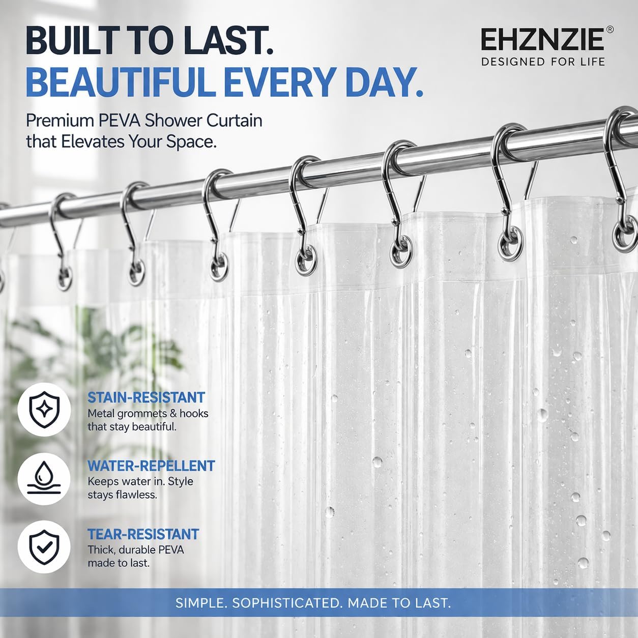 EHZNZIE White Shower Curtain Liner 72x72, PEVA Waterproof Bath Curtain, No Chemical Smell, 3 Weighted Magnets, Durable with Rustproof Metal Grommets