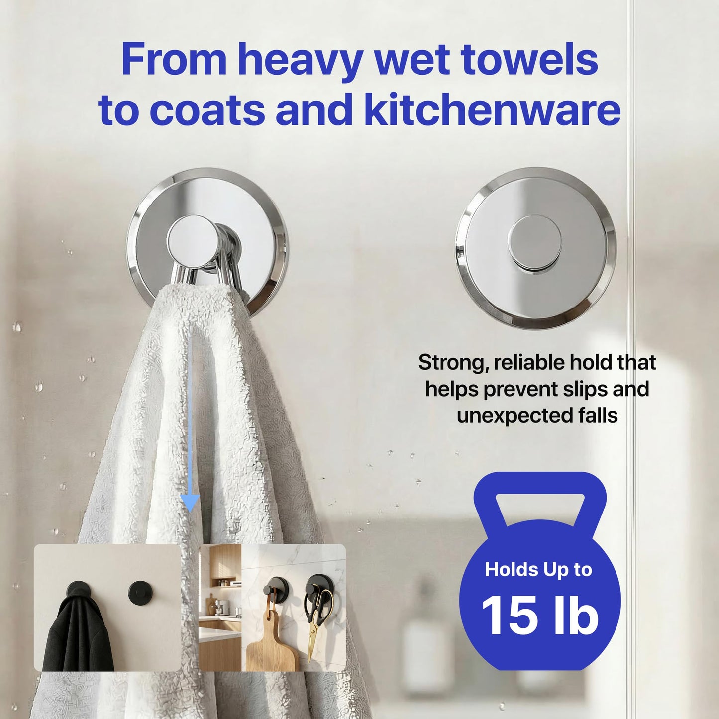 HOME SO Suction Cup Hooks for Shower & Bathroom Towel Holder 2-Pack Black | Waterproof Rustproof Organizer Hook Hanging Loofah Robe Coat Bath Accessories on Tile Glass Door Mirror + Optional 3M Disc