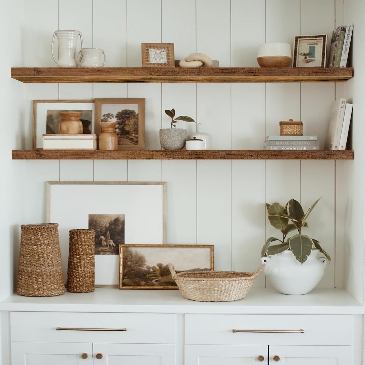 QEEIG Bathroom Floating Shelves for Wall - 15.7" Wall Mounted Shelf Over Toilet Farmhouse Home Decor Display Bookshelf Small 15.7 x 6.7 inch Set of 2, Rustic Brown (008-40BN)