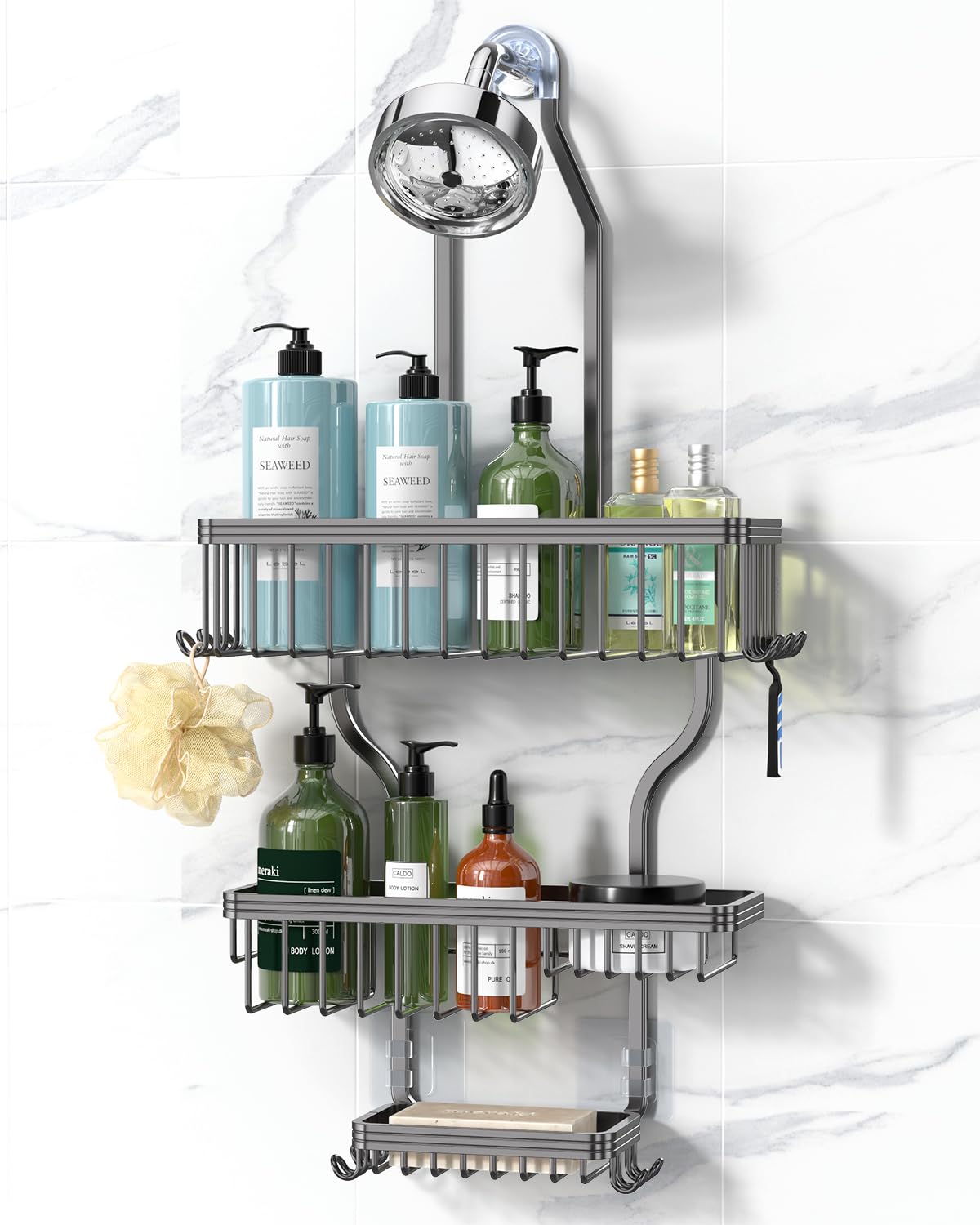 Never Rust Shower Caddy Hanging, Aluminum Shower Racks for Inside Shower, 3-Tier Shower Organizer Hanging Over Shower Head with Hooks and Soap Holder, Rose Gold