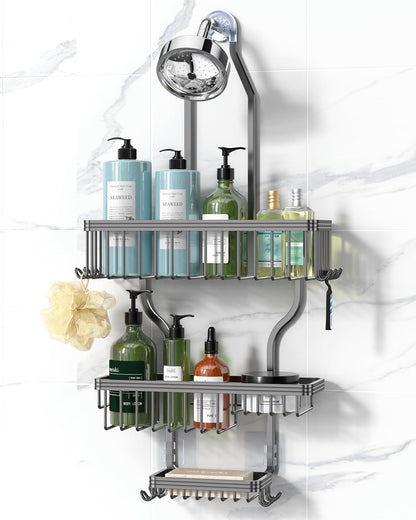 Never Rust Shower Caddy Hanging, Aluminum Shower Racks for Inside Shower, 3-Tier Shower Organizer Hanging Over Shower Head with Hooks and Soap Holder, Rose Gold