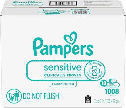 Pampers Sensitive Baby Wipes, Clinically Proven, Fragrance Free, Unscented, Water Based, Hypoallergenic, Multi-Use, Hand Wipes 1008 Wipes Total (18X Flip-Top Packs) [Packaging May Vary]