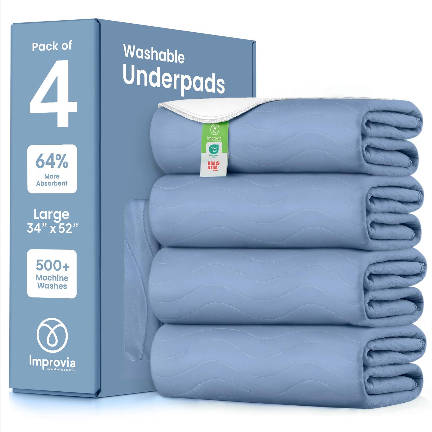 IMPROVIA® Washable Underpads, 34" x 36" (Pack of 4) - Heavy Absorbency Reusable Bedwetting Incontinence Pads for Kids, Adults, Elderly, and Pets - Waterproof Protective Pad for Bed, Couch, Sofa, Floor