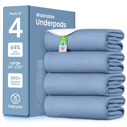 IMPROVIA® Washable Underpads, 34" x 36" (Pack of 4) - Heavy Absorbency Reusable Bedwetting Incontinence Pads for Kids, Adults, Elderly, and Pets - Waterproof Protective Pad for Bed, Couch, Sofa, Floor
