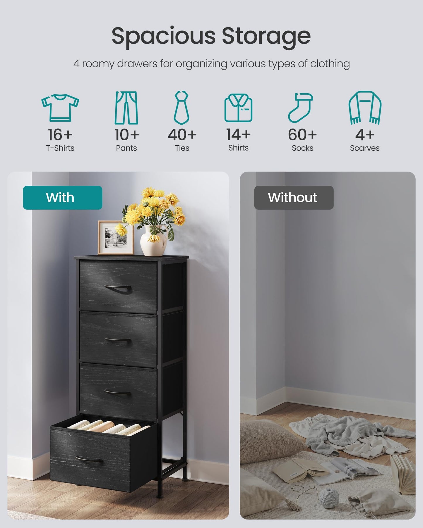 SONGMICS BELLAH Collection - Dresser for Bedroom, Chest of Drawers, Storage Organizer Unit, Closet, Entryway, Steel, 4 Drawers, Modern, Ink Black and Ebony Black ULGS314B01S