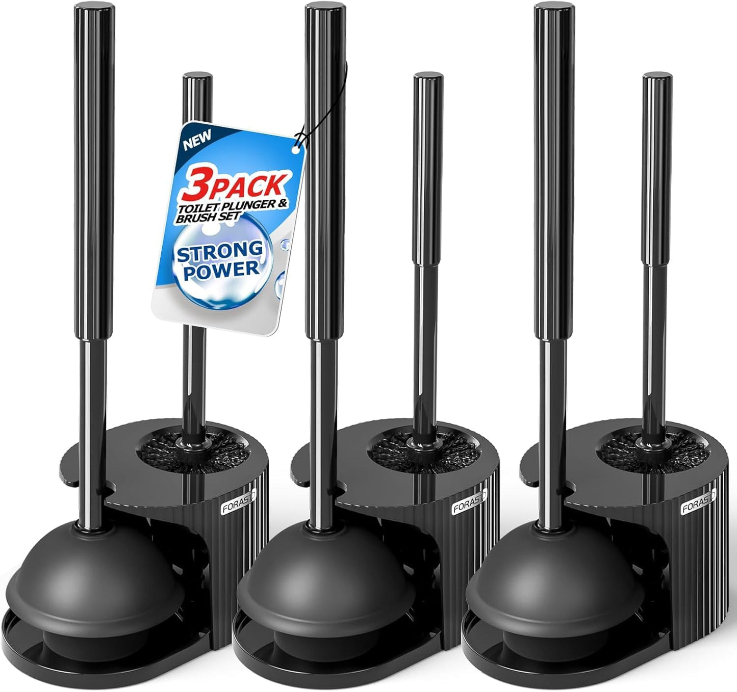 FORASTO 2in1 Toilet Brush and Plunger Set - Bathroom Bowl Holder Combo | 21" Extended, Apartment Must Haves, Accessories Decor, Essentials, New Home Storage, Scrubbing Tools, Washing Supplies, Black