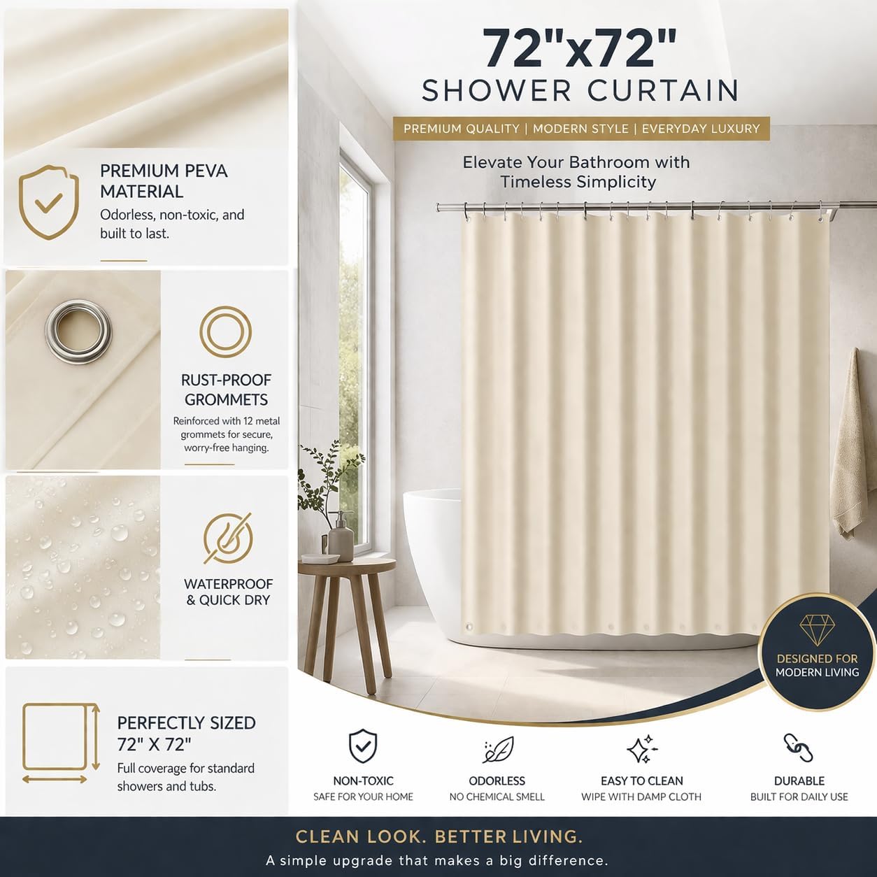 EHZNZIE White Shower Curtain Liner 72x72, PEVA Waterproof Bath Curtain, No Chemical Smell, 3 Weighted Magnets, Durable with Rustproof Metal Grommets