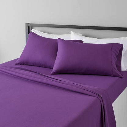 Amazon Basics Lightweight Super Soft Breathable Wrinkle-Resistant Microfiber 4-Piece Bed Sheet Set with 14-Inch Deep Pockets, Queen, Bright White, Solid