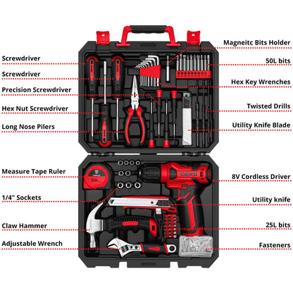 DEKOPRO Drill Set, Home Tool Set with 8V Pink Cordless Drill, Hand Tool Kit for Women, 126 pcs