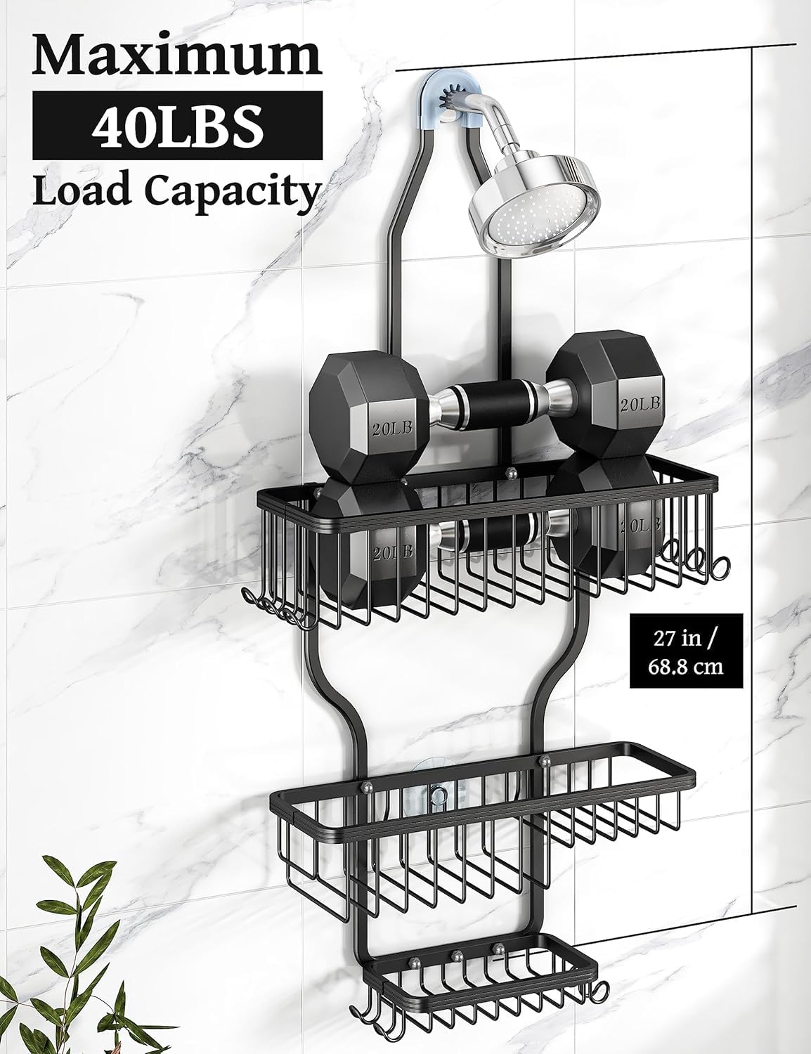Never Rust Shower Caddy Hanging, Aluminum Shower Racks for Inside Shower, 3-Tier Shower Organizer Hanging Over Shower Head with Hooks and Soap Holder, Rose Gold