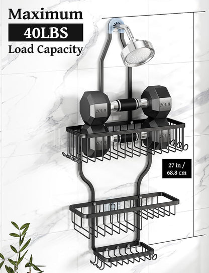 Never Rust Shower Caddy Hanging, Aluminum Shower Racks for Inside Shower, 3-Tier Shower Organizer Hanging Over Shower Head with Hooks and Soap Holder, Rose Gold