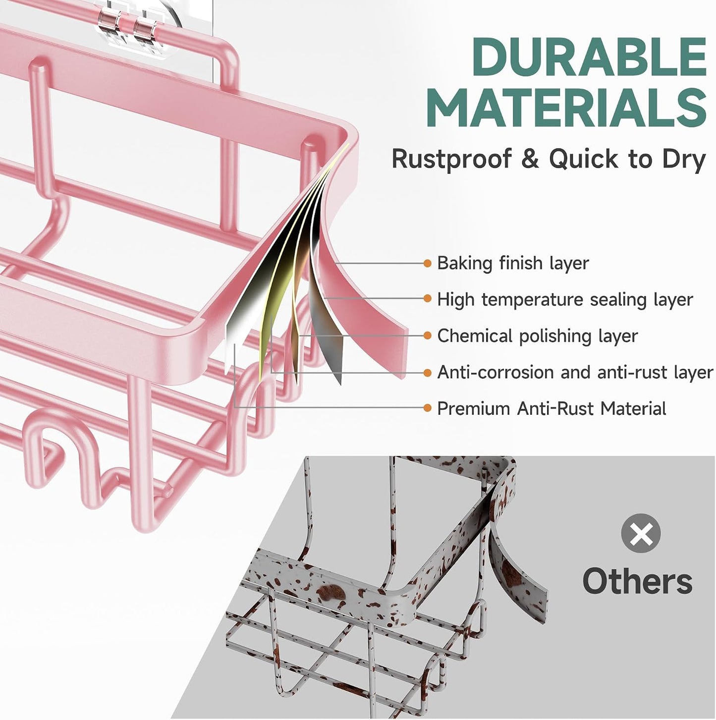 Veken Large Capacity Shower Caddy 6-Pack, No Drilling & Rustproof, Adhesive Shower Shelves with Soap Holder, Bathroom Organizers and Storage, Wall-Mounted Kitchen & Home Decor, Pink