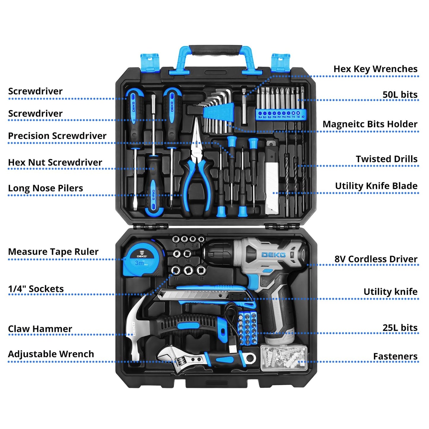 DEKOPRO Drill Set, Home Tool Set with 8V Pink Cordless Drill, Hand Tool Kit for Women, 126 pcs