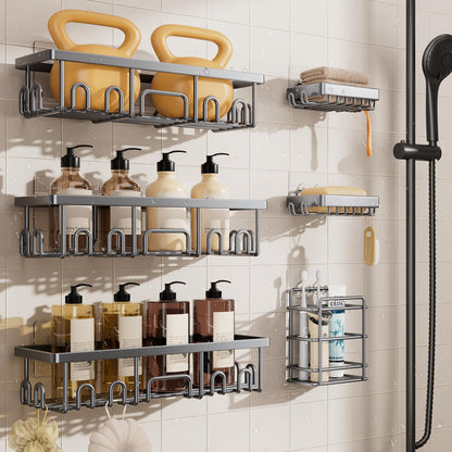 Veken Large Capacity Shower Caddy 6-Pack, No Drilling & Rustproof, Adhesive Shower Shelves with Soap Holder, Bathroom Organizers and Storage, Wall-Mounted Kitchen & Home Decor, Pink