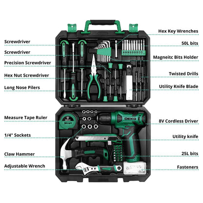 DEKOPRO Drill Set, Home Tool Set with 8V Pink Cordless Drill, Hand Tool Kit for Women, 126 pcs