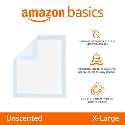 Amazon Basics Leak-Proof Dog and Puppy Potty Training Pee Pads with Quick-Dry 5-Layer Super Absorbent Design, Regular Size 22 x 22 inch, Blue & White, 100 Count