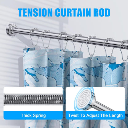 TEECK Shower Curtain Rod, 32-80 inch Adjustable Spring Tension Curtain Rod, Never Rust Anti-Slip Shower Curtain Rod for Bathroom, No Drilling, Never Collapse, Easy to Use, Silver