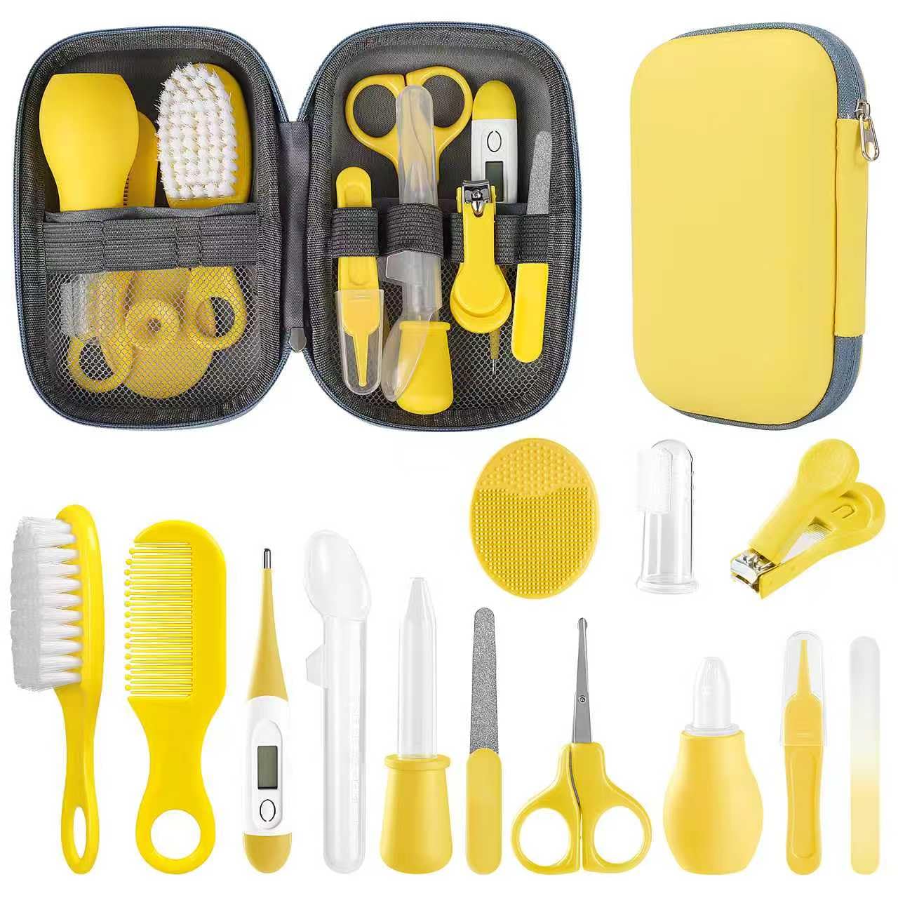 Baby Grooming Kit, Infant Safety Care Set with Hair Brush Comb Nail Clipper Nasal Aspirator,Baby Essentials Kit for Newborn Girls Boys (Grey White)