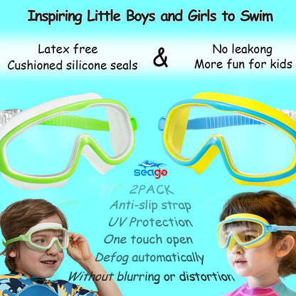Seago Swim Goggles 2 Pack Anti-Fog Anti-UV Wide View Swimming Goggles for Kids 3-14