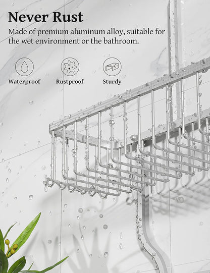 Never Rust Shower Caddy Hanging, Aluminum Shower Racks for Inside Shower, 3-Tier Shower Organizer Hanging Over Shower Head with Hooks and Soap Holder, Rose Gold