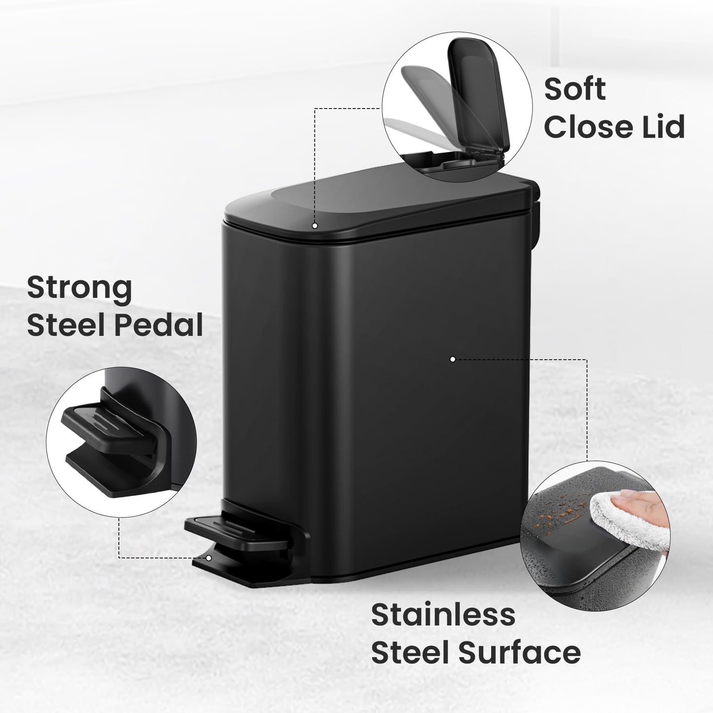 Cesun Small Bathroom Trash Can with Lid, 1.6 Gal, Soft Close, Sage Green | Step pedal soft close, Slim 5.9in fits narrow spaces, Stainless steel, Anti-fingerprint, Removable inner bucket, Odor seal