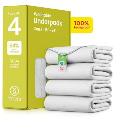IMPROVIA® Washable Underpads, 34" x 36" (Pack of 4) - Heavy Absorbency Reusable Bedwetting Incontinence Pads for Kids, Adults, Elderly, and Pets - Waterproof Protective Pad for Bed, Couch, Sofa, Floor
