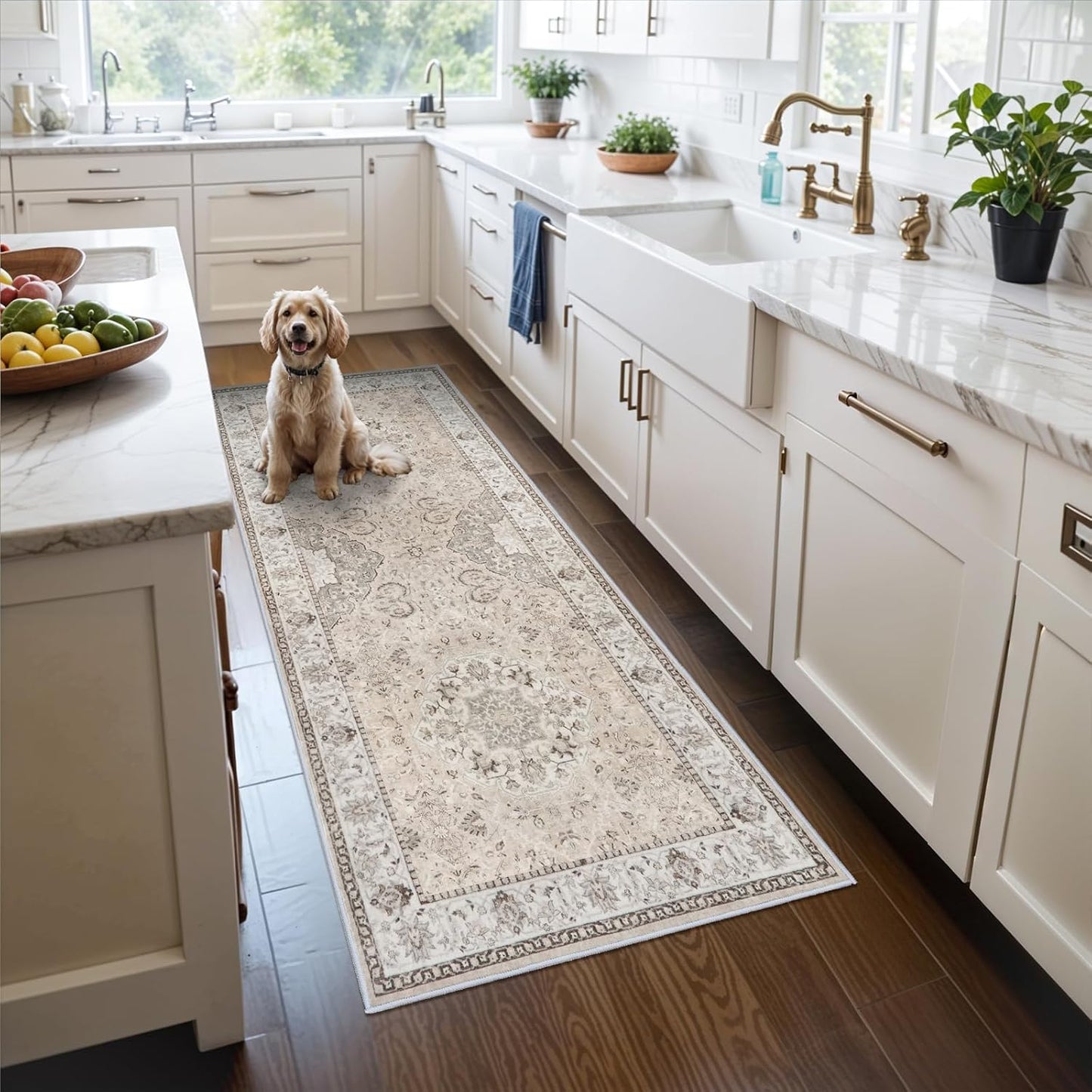 2x6 Hallway Washable Runner Rug : Vintage Soft Kitchen Laundry Runner with Non Slip Backing Farmhouse Entryway Living Room Floor Mat Stain Resistant Carpet for Bedroom Bathroom Distressed Beside Rug