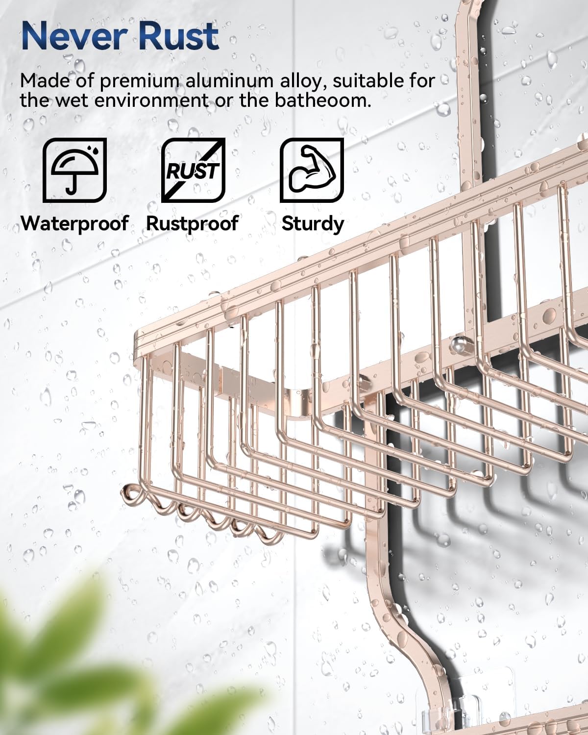 Never Rust Shower Caddy Hanging, Aluminum Shower Racks for Inside Shower, 3-Tier Shower Organizer Hanging Over Shower Head with Hooks and Soap Holder, Rose Gold
