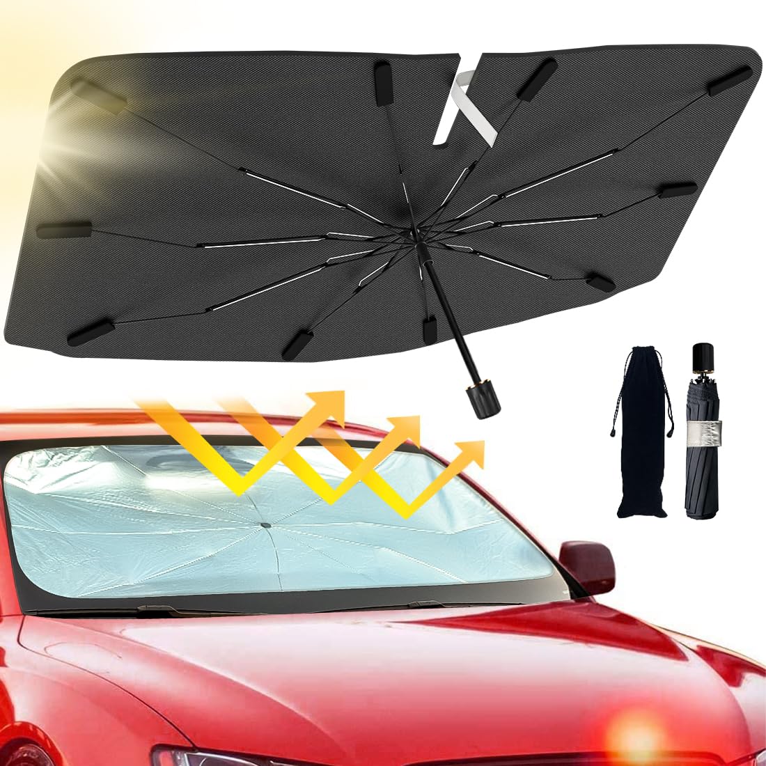 [2026 Upgraded] Windshield Sun Shade Umbrella, Car Sunshade for Trucks&SUVs | UV Protection, Heat Insulation & Automotive Interior Sun Protection for Outdoor Parking Camping (X-Large)