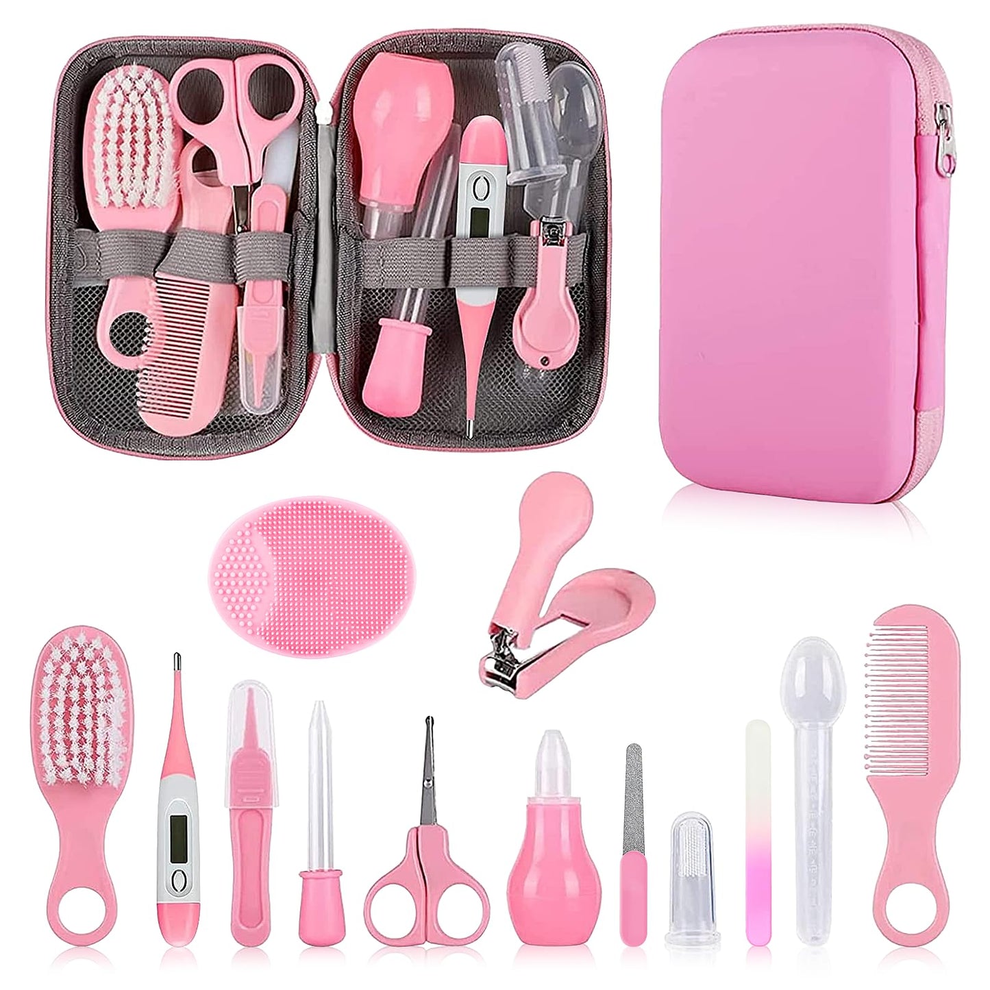 Baby Grooming Kit, Infant Safety Care Set with Hair Brush Comb Nail Clipper Nasal Aspirator,Baby Essentials Kit for Newborn Girls Boys (Grey White)