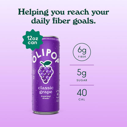 OLIPOP 6g Fiber Prebiotic Soda, Classic Grape, 12 fl oz, 12Pack Skinny | Shelf Stable Prebiotic Soda (Skinny), 6g Fiber, 5g Sugar, Digestive Health Support, Prebiotics & Botanicals, Gluten Free