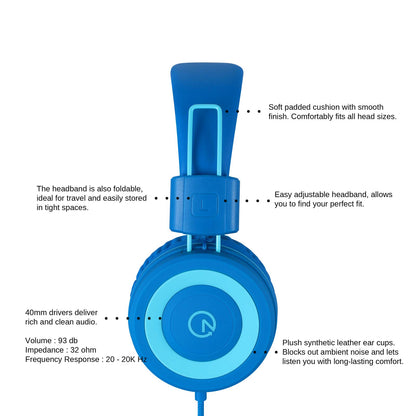 noot products K11 Kids Headphones with Wired Cord 3.5mm Jack Navy/Teal | 5ft Long Cord, Tangle Free, Foldable, Plug in On-Ear Headset for School, Classroom, Boys, Girls, Toddler Laptop Travel Tablet