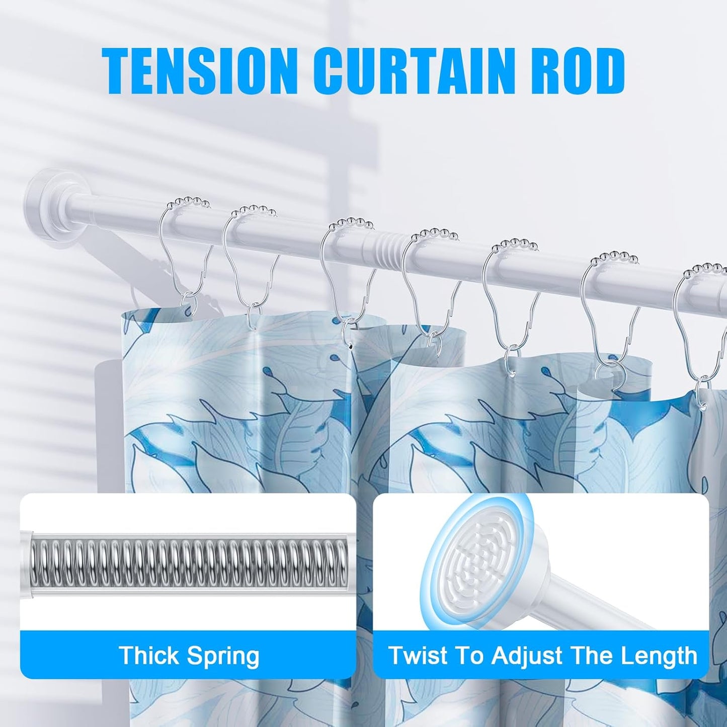TEECK Shower Curtain Rod, 32-80 inch Adjustable Spring Tension Curtain Rod, Never Rust Anti-Slip Shower Curtain Rod for Bathroom, No Drilling, Never Collapse, Easy to Use, Silver
