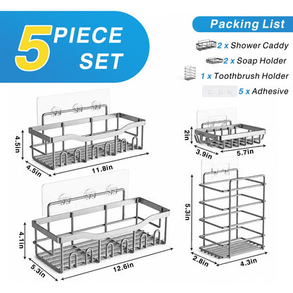 EUDELE Adhesive Shower Caddy, 5 Pack Rustproof Stainless Steel Bath Organizers With Large Capacity, No Drilling Shelves for Bathroom Storage & Home Decor