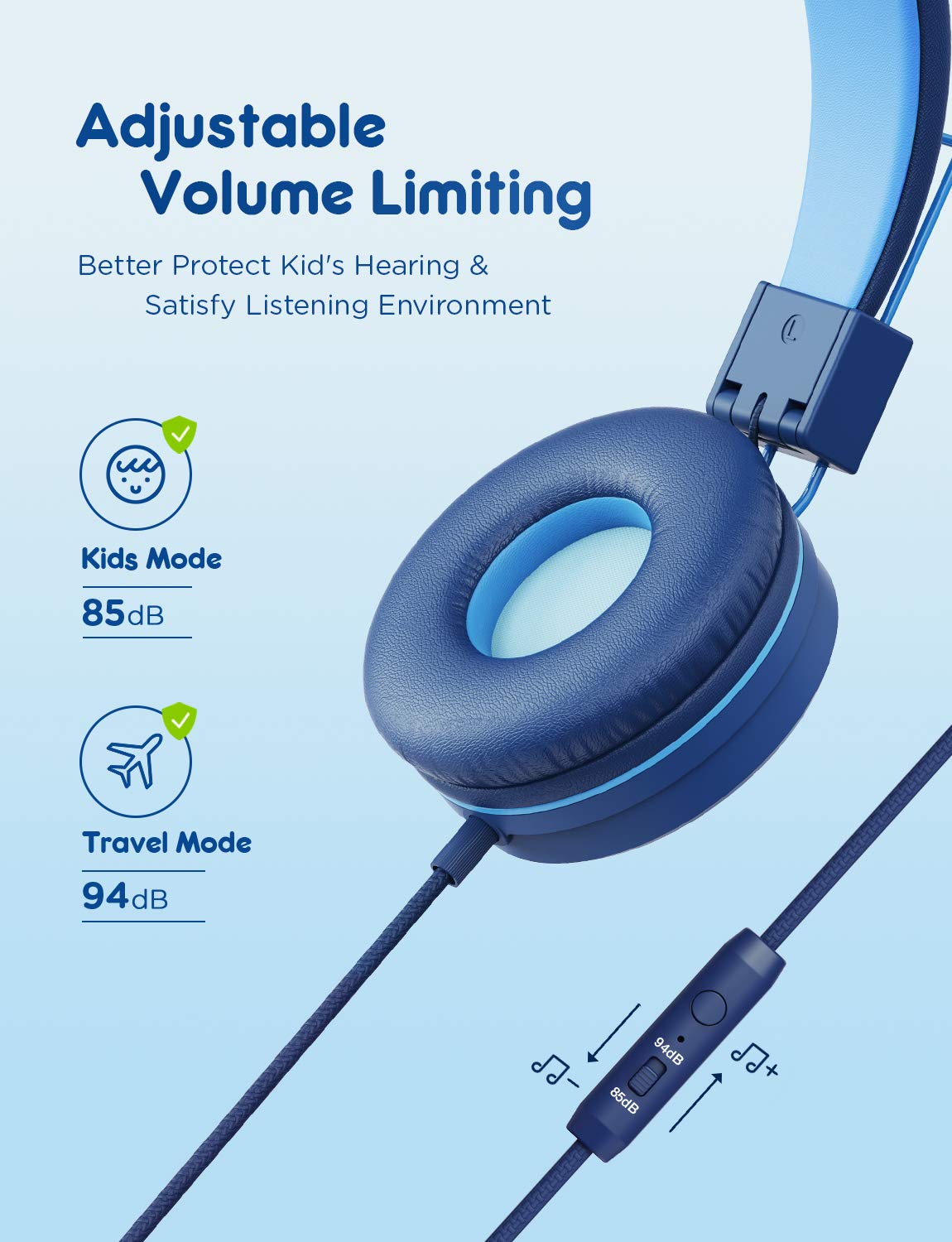 iClever C371 Kids Headphones with Cord for School Boys Girls Travel Gift | SafeSound Tech3.0, Stereo Sound, 3.5mm Jack, Foldable, Durable Headband, Safe Wired Headphones for Kids, Powder Blue