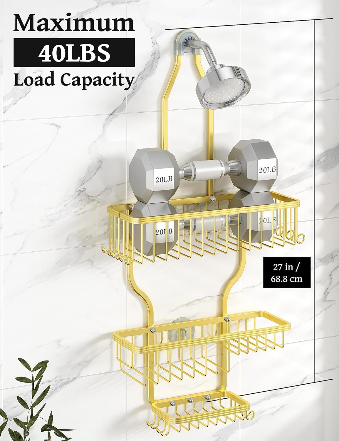 Never Rust Shower Caddy Hanging, Aluminum Shower Racks for Inside Shower, 3-Tier Shower Organizer Hanging Over Shower Head with Hooks and Soap Holder, Rose Gold