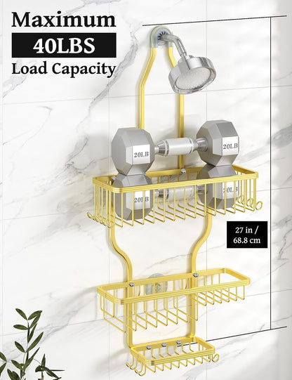 Never Rust Shower Caddy Hanging, Aluminum Shower Racks for Inside Shower, 3-Tier Shower Organizer Hanging Over Shower Head with Hooks and Soap Holder, Rose Gold